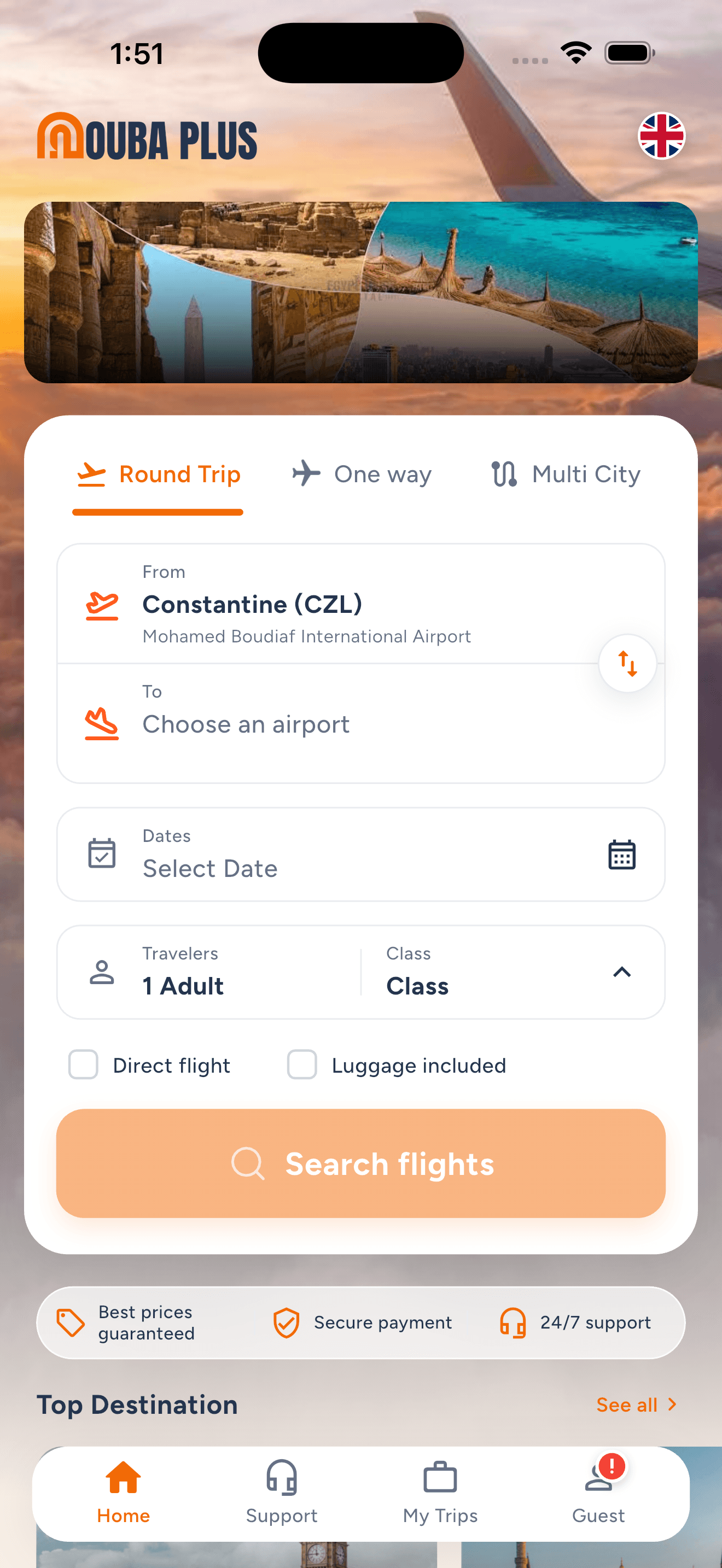 The Nouba Plus app home screen with the flight search form